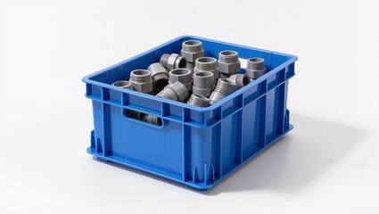Blue plastic crate filled with plastic pipe fittings isolated on white background, plumbing components and industrial spare parts storage concept.