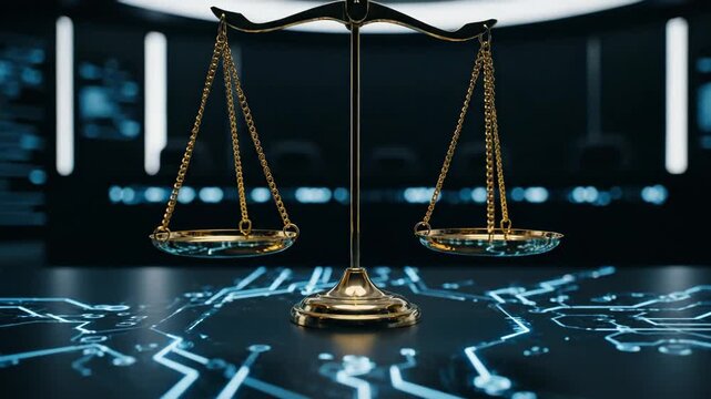 Futuristic concept of digital law and cyber ethics with golden scales of justice. Representing legal technology, online regulation, and artificial intelligence in jurisprudence