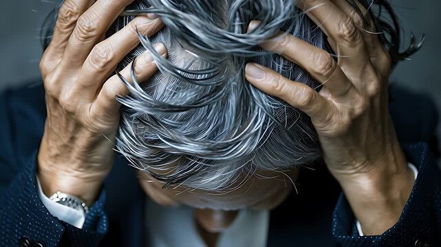 Old man holding head with expression of suffering