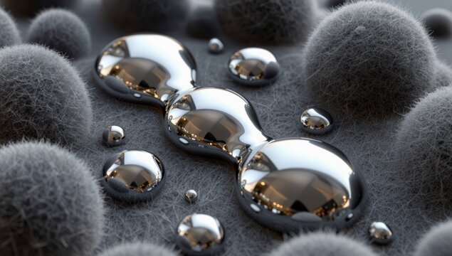 Gleaming liquid metal droplets form flowing shapes on a fuzzy grey surface with tiny spheres