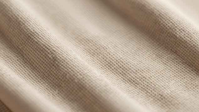Close up view of textured beige woven fabric with soft folds and subtle light