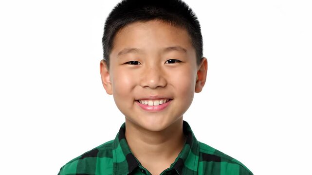 Happy young asian boy with a cheerful smile looking at the camera in a studio portrait. Composite image sequence of a child's face for a wide banner or header concept