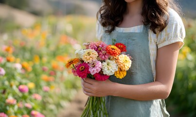 Naklejka premium a young female gardener standing, holding a small bouquet of zinnia flowers (Zinnia elegans)