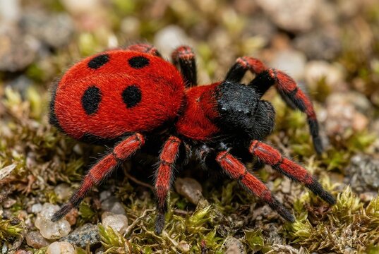 Male ladybird spider crawling on green moss macro photography