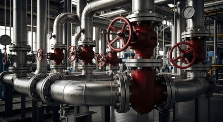 Obraz premium Industrial Steel Pipeline System with Red Valves in a Factory