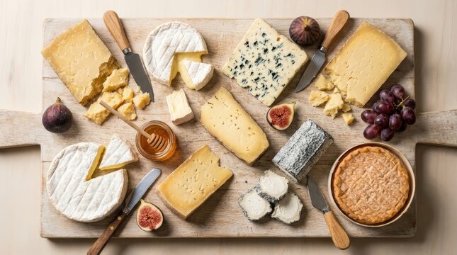 Gourmet Cheese Platter Assortment with Figs Grapes and Honey on Rustic Wooden Board