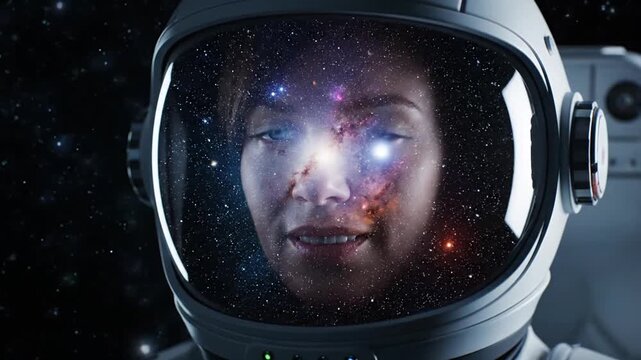 Astronaut woman reflects stars.
