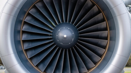 Fototapeta premium Modern aircraft engine with sleek turbine blades and silver casing
