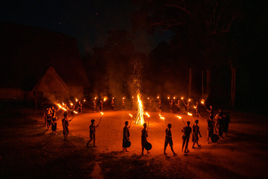 Traditional Xoang Dance of Ethnic People Performing Around Bonfire at Night in the Central Highlands of Vietnam