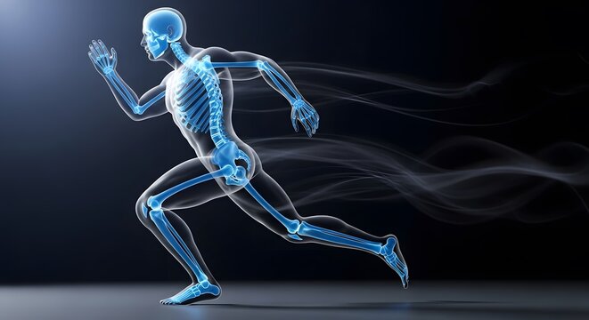 A glowing blue digital human skeleton runs quickly with motion blur on a dark background with a light source