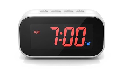 A digital alarm clock with a black screen and red numbers on a white background