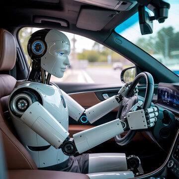 Vista interior de robot humanoide blanco sentado en el asiento del conductor, con las manos en el volante de un coche