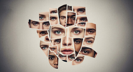 Collage of diverse faces, multiple eyes, puzzle pieces, fragmented identity, portrait, human faces, on gray background
