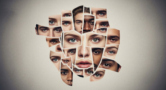 Collage of diverse faces, multiple eyes, puzzle pieces, fragmented identity, portrait, human faces, on gray background