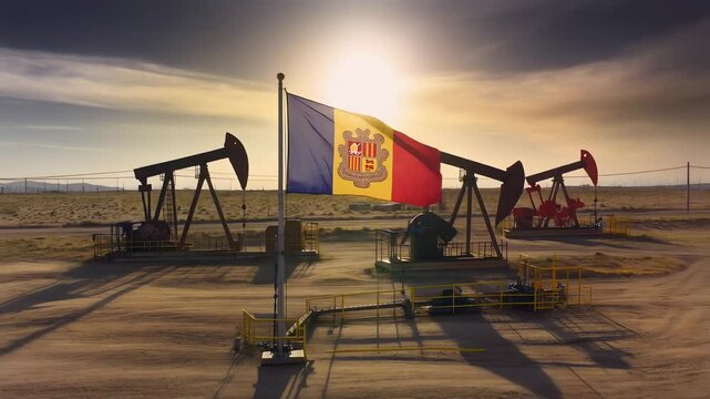 Andorra Flag Waving with Oil Pumps in the Background.