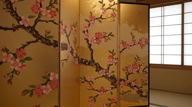 Gold folding screen with blossoms.