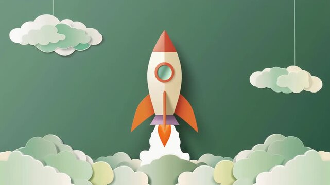 Colorful cartoon rocket ship launching through fluffy clouds