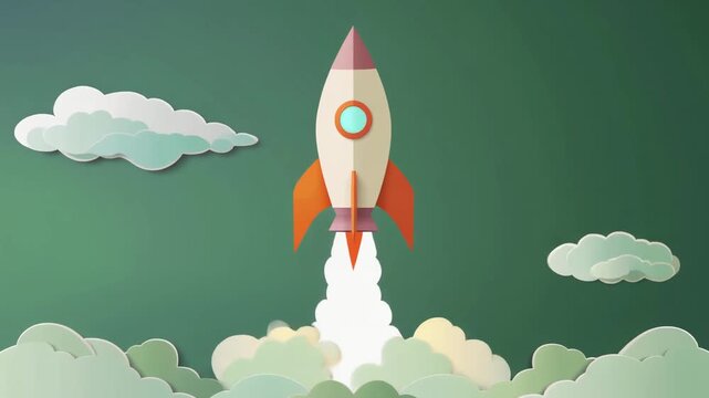 Colorful cartoon rocket ship blasting off into clouds