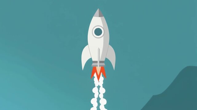 white rocket ship launching into teal sky with orange flames