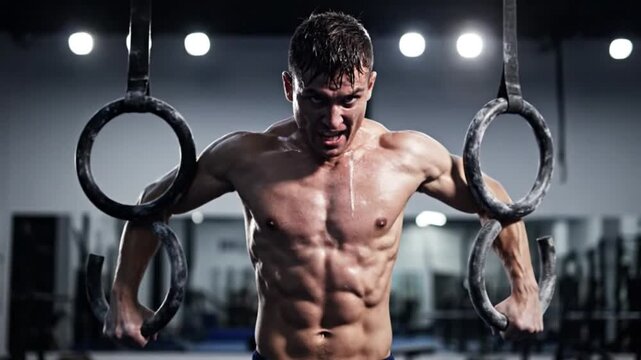 Muscular Man Exercising on Gymnastic Rings in Dark Gym with Dramatic Lighting for Fitness Advertising