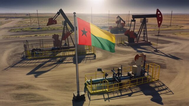 Guinea Bissau Flag Waving with Oil Pumps in Desert Landscape.