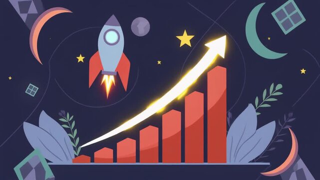 Colorful illustration of rocket launching to stars with growing bar ch