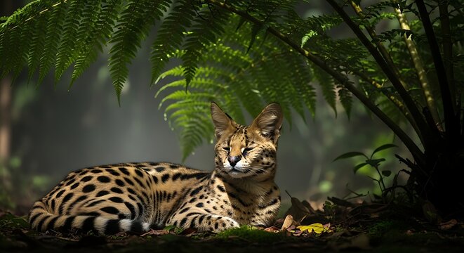 A serene clouded leopard resting under lush green ferns in a dense forest habitat.