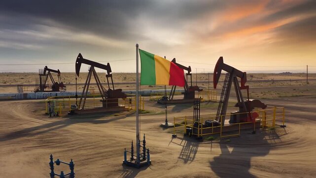 Mali Flag Waving with Oil Pumps in Desert Landscape at Sunset.