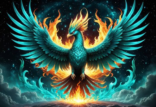 Fantasy illustration of a blue phoenix rising from flames