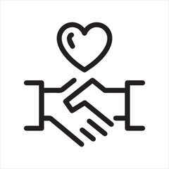 Obraz premium Handshake friendly agreement partnership deal corporate trust contract thin outline icon. Minimalist line sign two hands shaking each other and heart symbol. Vector isolated pictogram for web and app.