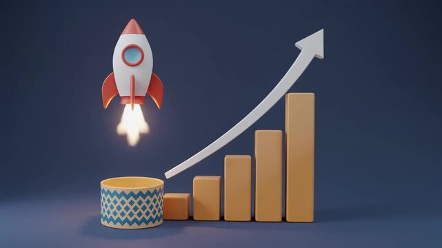 3D illustration of rocket launching from coin jar with growing bar cha