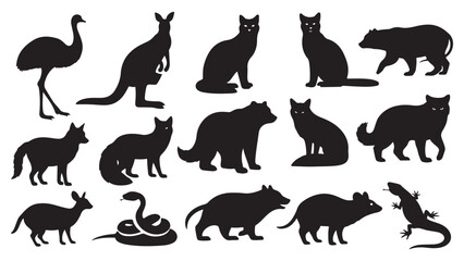 Obraz premium Black Silhouette Vector Set of Wild Animals and Birds in Minimalist Flat Design Style