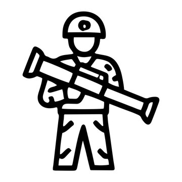 Soldier holding a large bazooka during war in a combat zone