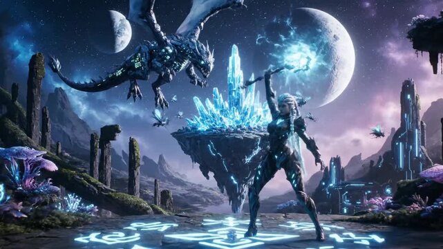 Fantasy warrior summoning glowing blue dragon in mystical landscape with neon lighting for gaming background