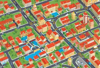 Fototapeta premium Bird's Eye View Illustration of a European Style Town with Red Roof Buildings