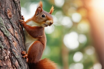 Obraz premium Red squirrel climbing tree bark in forest