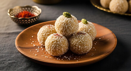 Coconut laddu sweets are artfully arranged on a small wooden plate with saffron spice nearby.