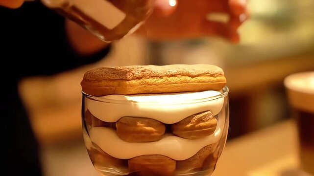 Watch as creamy white topping is carefully spooned onto a delightful layered dessert, featuring golden biscuits nestled within a clear glass, creating a sweet treat.