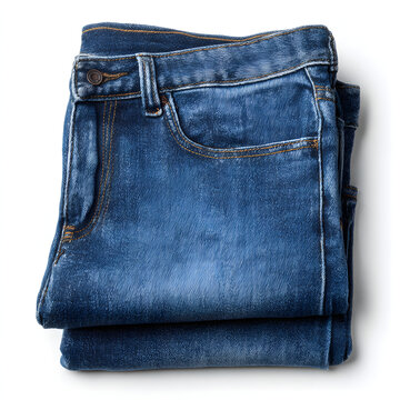 Stack of folded blue denim jeans.