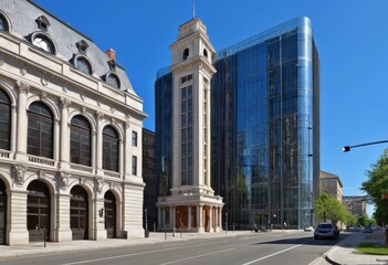 Fototapeta premium Streetscape with Historic Architecture and Modern Glass Building