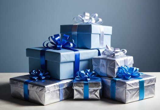 Stack of gift boxes wrapped in blue and silver paper