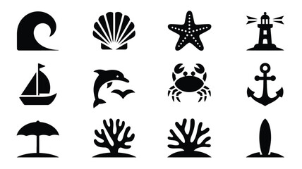 Set of black ocean beach silhouette icons including wave shell starfish lighthouse sailboat dolphin crab anchor umbrella coral surfboard