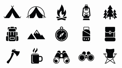 Camping outdoor silhouette logo bundle with tent fire lantern trees backpack compass and other travel icons © Tuli