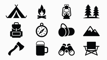 Camping outdoor silhouette logo bundle with tent campfire lantern trees mountains and hiking gear icons © Tuli
