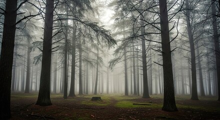 Fototapeta premium Serene Misty Forest Scene with Tall Trees and Soft Light