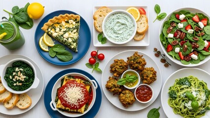 Variety of italian and mediterranean dishes on a table