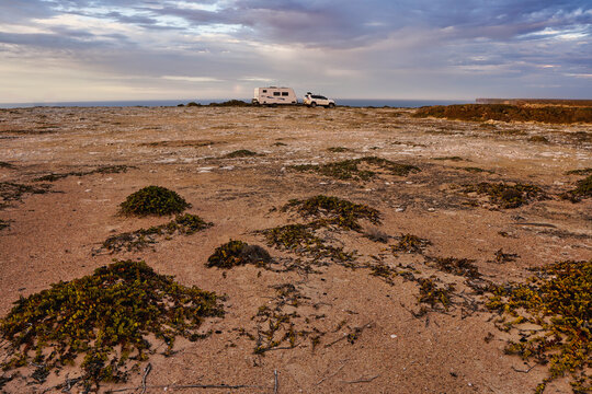 Nullarbor Plains at dusk with ocean horizon and dramatic sky