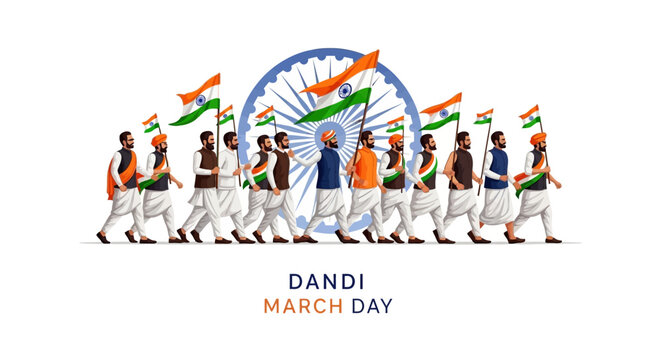 Illustration of people marching on Dandi March Day with Indian flags and a symbolic wheel design in the background.