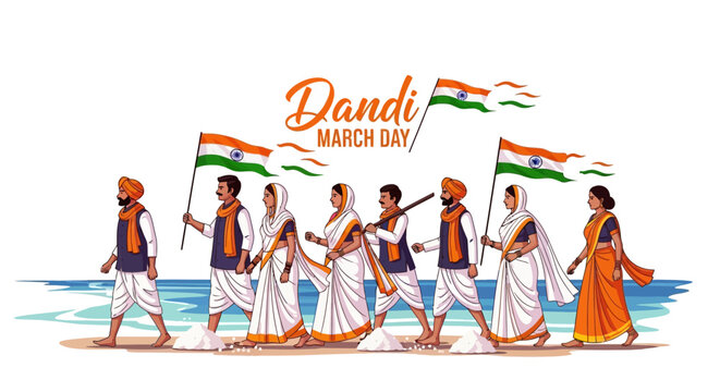 Illustration of people marching on a beach with Indian flags, commemorating Dandi March Day with a vibrant and patriotic mood.