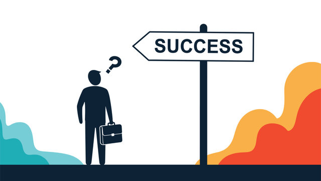 Confused businessman with a briefcase standing next to a success signpost, pondering the right path for his professional career development.